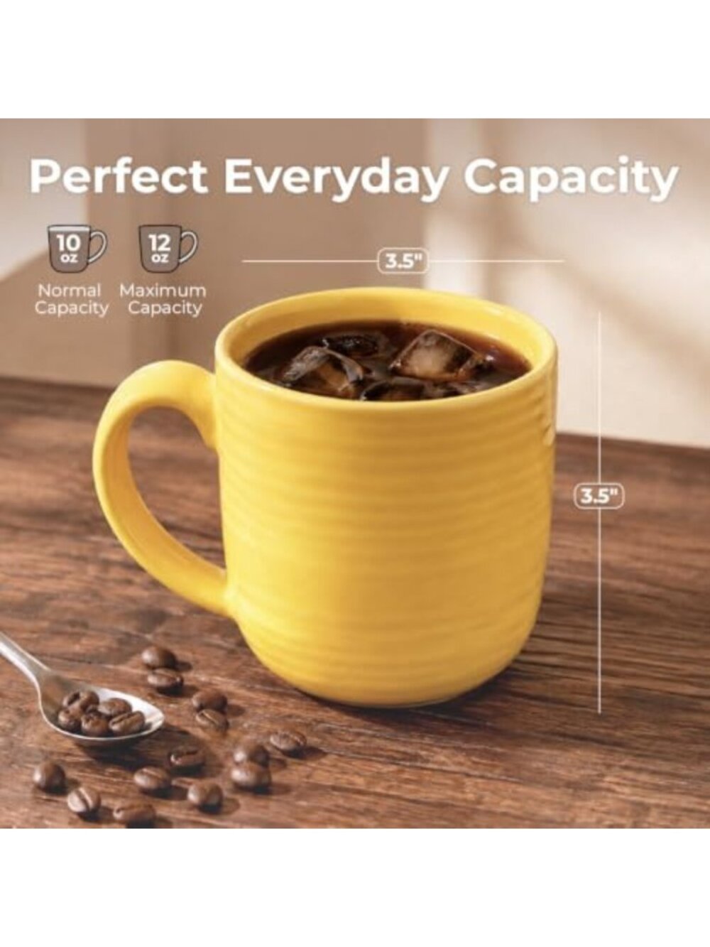 Set of 4 Glossy Yellow Ceramic Coffee Mugs, 12 oz Ribbed, Stackable, Dishwasher - Picture 3 of 6